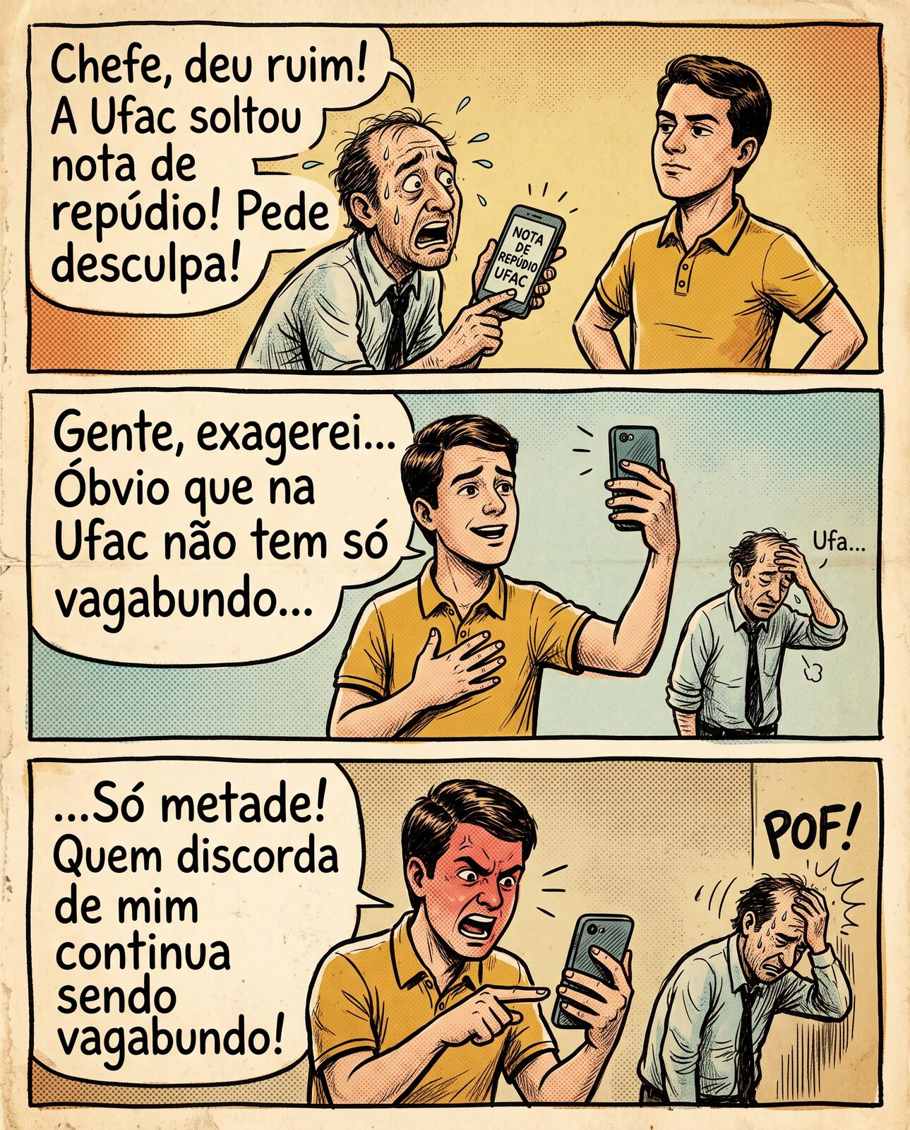 Tira em três quadros sobre a nota de repúdio da Ufac. Primeiro quadro: assessor suando frio mostra o celular com a 'Nota de Repúdio da Ufac' e diz: 'Chefe, deu ruim! A Ufac soltou nota de repúdio! Pede desculpa!'. Segundo quadro: jovem grava vídeo no celular com a mão no peito dizendo 'Gente, exagerei... Óbvio que na Ufac não tem só vagabundo...', enquanto o assessor suspira aliviado 'Ufa...'. Terceiro quadro: jovem aponta o dedo irritado para a câmera gritando '...Só metade! Quem discorda de mim continua sendo vagabundo!', e o assessor bate a mão na testa.