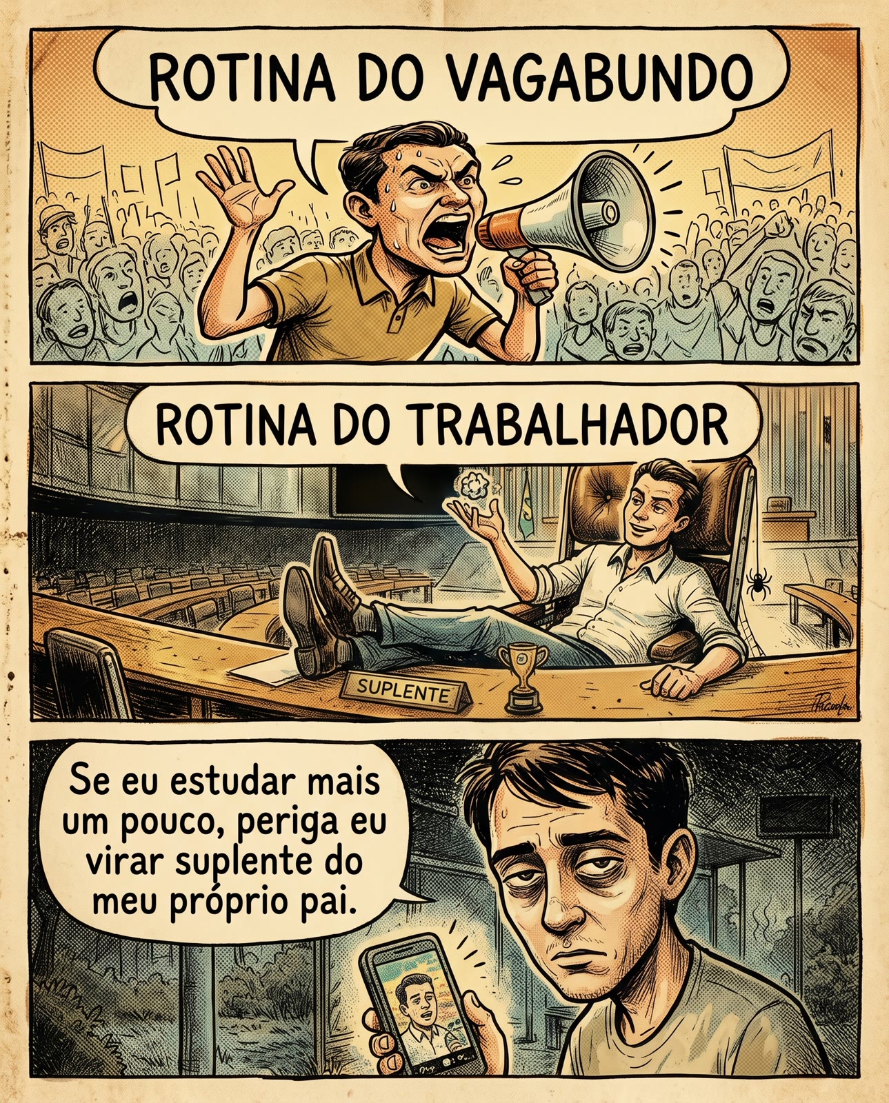 Tirinha satírica em três quadros verticais. Primeiro quadro, intitulado 'ROTINA DO VAGABUNDO': político suado e exaltado esbraveja ao megafone diante de uma multidão de trabalhadores. Segundo quadro, intitulado 'ROTINA DO TRABALHADOR': jovem recostado confortavelmente na poltrona do plenário com os pés sobre a bancada que traz a placa 'SUPLENTE', jogando bolinhas de papel para o alto. Terceiro quadro: jovem estudante exausto olha o discurso do político pelo celular e ironiza: 'Se eu estudar mais um pouco, periga eu virar suplente do meu próprio pai.'.