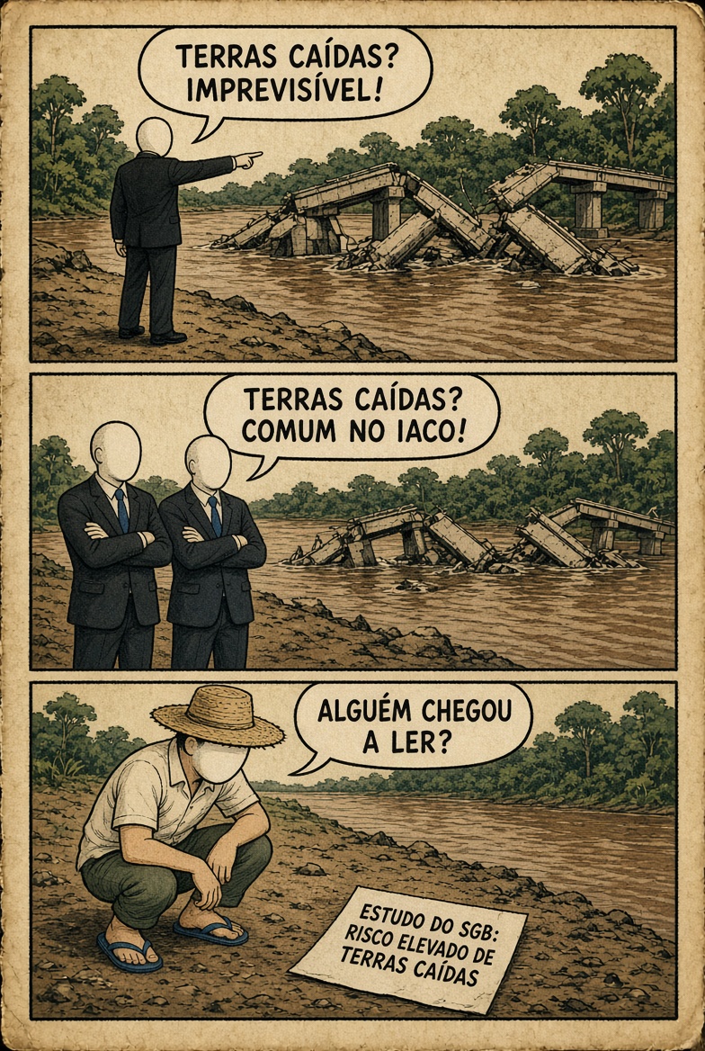 Tira em três quadros sobre a queda da Ponte Frei Paolino Baldassari. Primeiro quadro: figura de autoridade de terno aponta para a ponte colapsada no Rio Iaco e diz 'Terras caídas? Imprevisível!'. Segundo quadro: outra autoridade de braços cruzados rebate 'Terras caídas? Comum no Iaco!'. Terceiro quadro: morador de Sena Madureira na margem do rio olha o estudo do Serviço Geológico do Brasil no chão com risco elevado e pergunta 'Alguém chegou a ler?'.