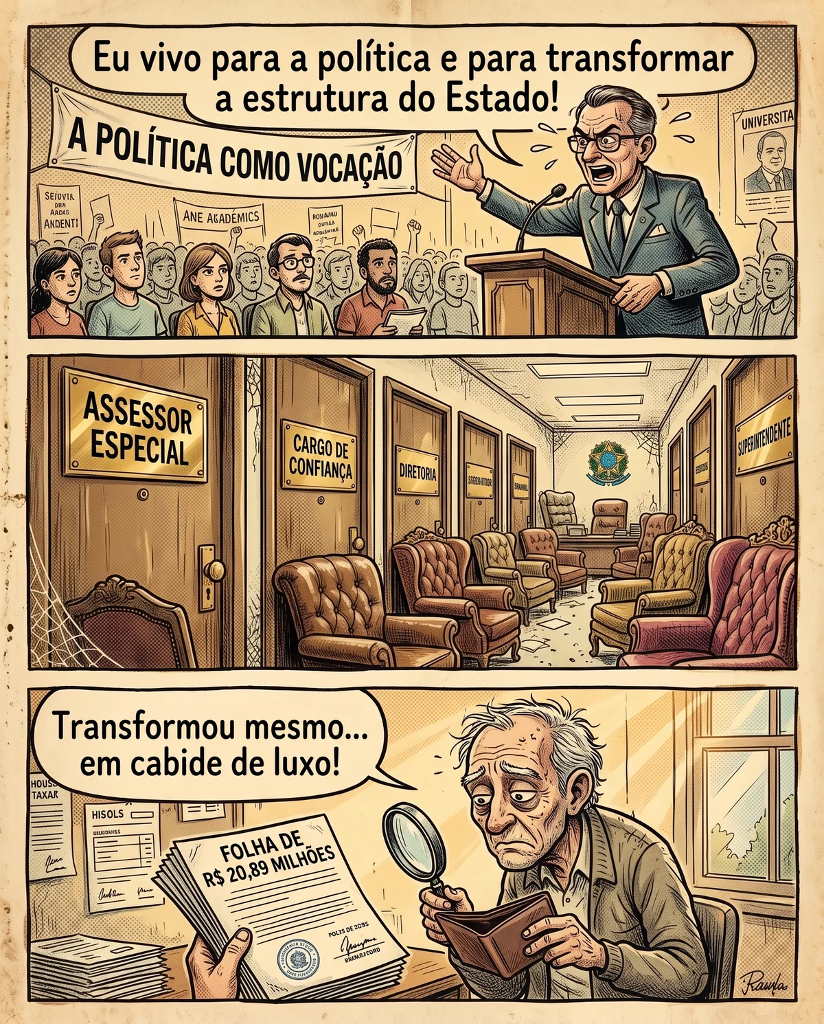 Tirinha em três quadros baseada em Max Weber. Primeiro quadro: militante ostentando a obra A Política como Vocação afirma viver para renovar o Estado. Segundo quadro: portas luxuosas de gabinete marcadas como Assessor Especial e Cargos CAS com poltronas reclinadas no ar-condicionado. Terceiro quadro: contribuinte com a carteira vazia examina a folha de R$ 20,89 milhões e constata a criação de um cabide de luxo.
