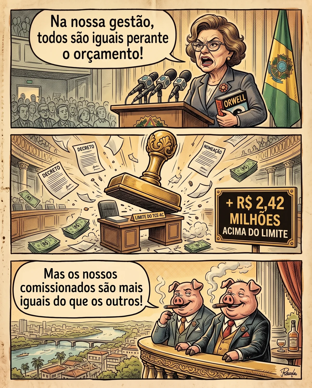 Tirinha satírica em três quadros inspirada em George Orwell. Primeiro quadro: orador afirma que na gestão pública todos são iguais perante o orçamento. Segundo quadro: carimbo burocrático gigante de R$ 2,42 milhões acima do limite esmaga o teto fixado pelo Tribunal de Contas. Terceiro quadro: dois porcos trajando elegantes ternos na sacada do palácio fumam charuto e comentam que os comissionados são mais iguais do que os outros.