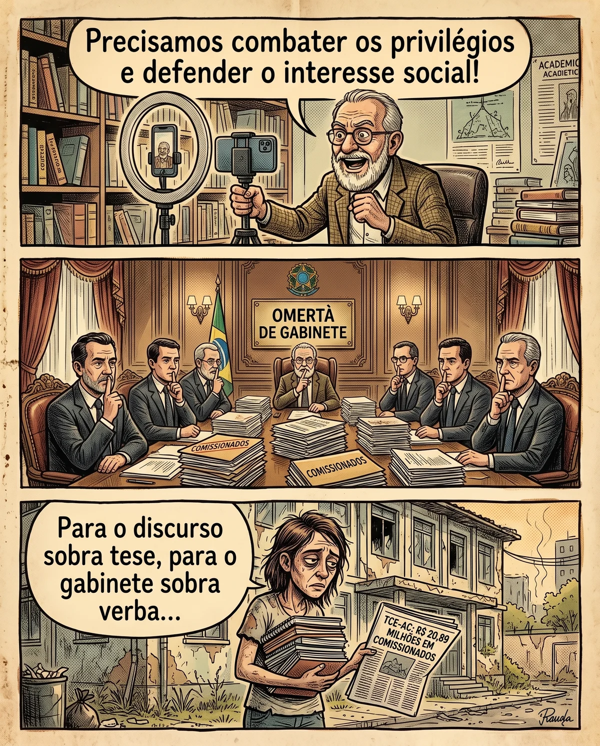 Tirinha em três quadros sobre responsabilidade fiscal e o limite de pessoal no setor público.