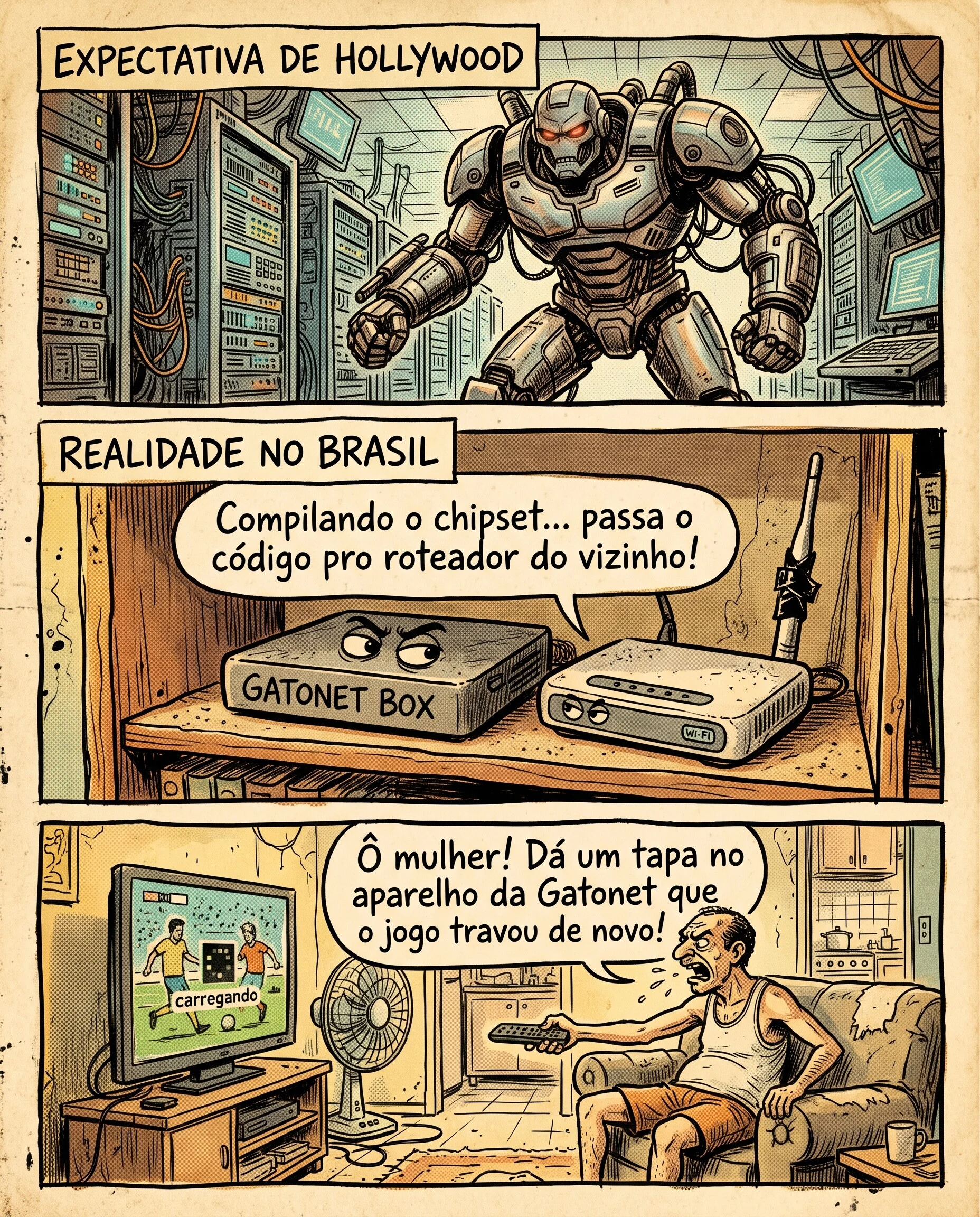 Tirinha satírica ilustrando o cidadão que compra uma TV Box pirata chinesa para ver futebol grátis e transforma a casa em zumbi de ciberataques.